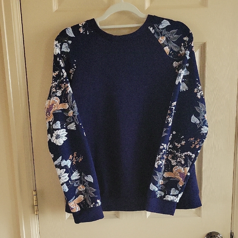 Floral Sleeve Navy Sweater